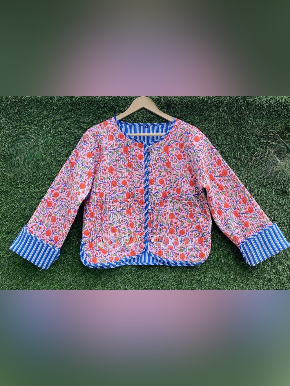 ❤️ Beautiful Floral with Blue Stripe Trim Kantha Cropped Jacket XL